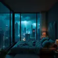 Beautiful cozy bedroom with floor to ceiling glass windows overlooking a cyberpunk city at night, thunderstorm outside with torrential rain, High Resolution, Highly Detailed, Darkwave, Gloomy by Stefan Kostic