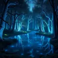 A magical pond in a fantasy forest with glowing blue trees at night, 4k, HQ, Intricate, Artstation, Cinematic Lighting, Photo Realistic, Sharp Focus, Unreal Engine, Dark