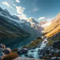 Lake in mountains streams and rivers flow down slopes of mountains and rocks into the valley spring in mountains, 8k, Award-Winning, Highly Detailed, Beautiful, Octane Render, Unreal Engine, Radiant, Volumetric Lighting by Greg Rutkowski