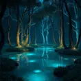 A magical pond in a fantasy forest with glowing blue trees at night, 4k, HQ, Intricate, Artstation, Cinematic Lighting, Photo Realistic, Sharp Focus, Unreal Engine, Dark