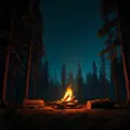 A highly detailed matte painting of a camp fire in the forest at night in the style of Firewatch, 4k resolution, Masterpiece, Trending on Artstation, Volumetric Lighting