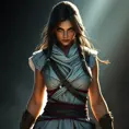 A beautiful Kassandra in white Assassin's Creed style, Highly Detailed, Half Body, Sharp Focus, Volumetric Lighting