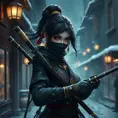 Mysterious beautiful armed kunoichi ninja wearing eyeliner and gold jewelry in the streets of a dark snowy town, 8k, Intricate Details, Trending on Artstation, Beautiful, Stunning, Centered by Stanley Artgerm Lau, WLOP