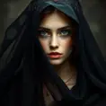 Alluring matte portrait of a beautiful veiled Kassandra wearing a black veil, 8k, Highly Detailed, Intricate, Half Body, Realistic, Sharp Focus, Volumetric Lighting, Fantasy, Elegant by Stanley Artgerm Lau, Alphonse Mucha, WLOP