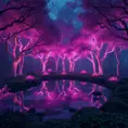 A magical pond in a fantasy forest with glowing pink trees at night, 4k, HQ, Intricate, Artstation, Cinematic Lighting, Photo Realistic, Sharp Focus, Unreal Engine, Dark