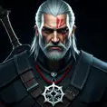 A full body matte portrait of Geralt in The Witcher 3 grey and red style wearing the Witcher medallion, Highly Detailed, Cinematic Lighting, Sharp Focus, Volumetric Lighting by Stanley Artgerm Lau, Stefan Kostic