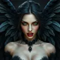 A beautiful winged romanian vampire woman with penetrating eyes, fangs, perfect face, 8k, Hyper Detailed, Intricate Details, Masterpiece, Contemporary, Full Body, Trending on Artstation, Gothic, Deviantart, Concept Art by Stefan Kostic