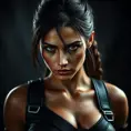 Matte portrait of a beautiful Lara Croft in black leather, 8k, Highly Detailed, Intricate, Realistic, Sharp Focus, Volumetric Lighting, Fantasy, Elegant by Stanley Artgerm Lau, WLOP, Stefan Kostic