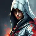 White hooded female assassin from Assassin's Creed, Highly Detailed, Unreal Engine, Volumetric Lighting, Vibrant Colors, Ink Art, Fantasy, Dark by Peter Mohrbacher