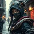 Wallpaper of a mysterious beautiful masked kunoichi ninja wearing eyeliner and gold jewelry in the streets of a dark snowy town in moscow, fluid motion, 8k, Intricate Details, Trending on Artstation, Beautiful, Stunning, Centered by Stanley Artgerm Lau, WLOP