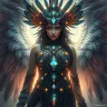 A visionary painting of a single alluring electronic mystical tribal goddess surrounded by feathers and gemstones, 8k, Highly Detailed, Intricate, Artstation, Matte Painting, Sharp Focus, Volumetric Lighting, Concept Art by Stanley Artgerm Lau, Greg Rutkowski