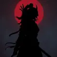 Silhouette of a samurai female assassin in the style of Fire watch, 8k, Dystopian, Trending on Artstation, Volumetric Lighting