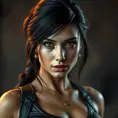 Matte portrait of a beautiful Lara Croft in black leather, 8k, Highly Detailed, Intricate, Realistic, Sharp Focus, Volumetric Lighting, Fantasy, Elegant by Stanley Artgerm Lau, WLOP, Stefan Kostic