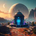 Cosmic round beautiful indigo temple in the center of a futuristic community. Extraterrestrial landscape. Planet sirius. The moon and stars can be seen in the sky even during the day., Sci-Fi, Volumetric Lighting, Vibrant Colors by Greg Rutkowski