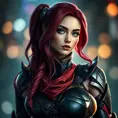 Alluring matte portrait of a beautiful Katarina from League of Legends in her battle suit, Highly Detailed, Full Body, Bokeh effect, Photo Realistic, Sharp Focus by Stefan Kostic