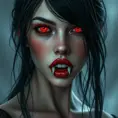 A beautiful romanian vampire woman with penetrating red bright eyes, long fangs, perfect face, 8k, Hyper Detailed, Intricate Details, Masterpiece, Contemporary, Full Body, Trending on Artstation, Gothic, Deviantart, Concept Art by Stefan Kostic