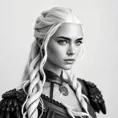 Alluring black and white matte portrait of a beautiful Daenerys Targaryen with a white background, 8k, Highly Detailed, Intricate, Half Body, Realistic, Sharp Focus, Volumetric Lighting, Fantasy, Elegant by Stanley Artgerm Lau