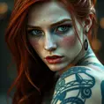 Close up of a red haired Sarah Kerrigan with tattoos, 8k, Highly Detailed, Artstation, Bokeh effect, Sharp Focus, Volumetric Lighting, Concept Art by Stanley Artgerm Lau, Greg Rutkowski