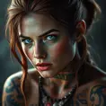 Matte portrait of Aloy with tattoos, 8k, Highly Detailed, Powerful, Alluring, Artstation, Magical, Digital Painting, Photo Realistic, Sharp Focus, Volumetric Lighting, Concept Art by Stanley Artgerm Lau, Alphonse Mucha, Greg Rutkowski