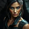 Matte portrait of a beautiful Lara Croft in black leather, 8k, Highly Detailed, Intricate, Realistic, Sharp Focus, Volumetric Lighting, Fantasy, Elegant by Stanley Artgerm Lau, WLOP, Stefan Kostic