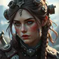 Steampunk portrait of Aloy from Horizon Zero Dawn, Highly Detailed, Intricate, Artstation, Beautiful, Digital Painting, Sharp Focus, Concept Art, Elegant