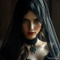 An alluring beautiful veiled Yennefer wearing a black veil, Intricate, Half Body, Volumetric Lighting, Elegant