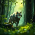 Wolf in a green magical forest, Highly Detailed, Bokeh effect, Sharp Focus, Volumetric Lighting, Fantasy by Greg Rutkowski