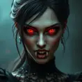 A beautiful romanian vampire woman with penetrating red bright eyes, long fangs, perfect face, 8k, Hyper Detailed, Intricate Details, Masterpiece, Contemporary, Full Body, Trending on Artstation, Gothic, Deviantart, Concept Art by Stefan Kostic