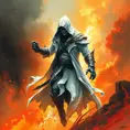 White Assassin emerging from a firey fog of battle, Highly Detailed, Vibrant Colors, Ink Art, Fantasy, Dark by Stanley Artgerm Lau