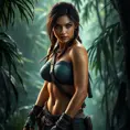 Alluring full body portrait of a beautiful Lara Croft in the jungle getting ready for battle, 8k, Highly Detailed, Intricate, Photo Realistic, Sharp Focus, Volumetric Lighting, Fantasy, Elegant