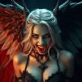 A beautiful winged romanian vampire woman with fangs, red eyes, Intricate Details, Masterpiece, Full Body, Gothic, Photo Realistic, Deviantart, Volumetric Lighting