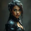 Alluring matte portrait of a beautiful Nidalee in leather, 8k, Highly Detailed, Intricate, Half Body, Realistic, Sharp Focus, Volumetric Lighting, Fantasy, Elegant by Stanley Artgerm Lau, Alphonse Mucha, WLOP, Stefan Kostic