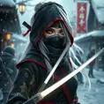 Mysterious beautiful white kunoichi ninja wearing black, red and gold in the streets of a dark snowy town in russia, 8k, Intricate Details, Trending on Artstation, White Hair by Stanley Artgerm Lau, WLOP