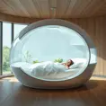 Futuristic sleeping relax pod, transparent orb, plants, natural daytime lighting, natural wooden environment, flat design, product-view, 8k, Futuristic, Sci-Fi, Natural Light