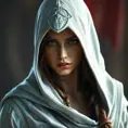 A beautiful Kassandra in a white hooded Assassin's Creed style, Highly Detailed, Half Body, Sharp Focus, Volumetric Lighting