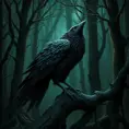 Raven in a haunted forest, Highly Detailed, Intricate, Gothic, Volumetric Lighting, Fantasy, Dark by Stanley Artgerm Lau