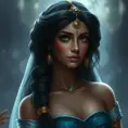 Alluring matte portrait of Princess Jasmine in the style of Stefan Kostic, 4k, 4k resolution, 8k, HD, High Definition, High Resolution, Highly Detailed, HQ, Hyper Detailed, Intricate Artwork, Ultra Detailed, Digital Painting, Matte Painting, Realistic, Sharp Focus, Dim light, Fantasy