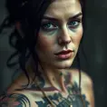 Matte portrait of Morgana with tattoos, Highly Detailed, Alluring, Bokeh effect, Photo Realistic, Sharp Focus, Volumetric Lighting