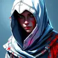 White hooded female assassin from Assassin's Creed, Highly Detailed, Unreal Engine, Volumetric Lighting, Vibrant Colors, Ink Art, Fantasy, Dark by Peter Mohrbacher