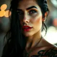 Matte portrait of Morgana with tattoos, Highly Detailed, Alluring, Bokeh effect, Sharp Focus, Volumetric Lighting