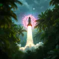 Studio ghibli, rocket explosion, jungle, solar, green technology, optimist future, 8k, Bokeh effect, Cinematic Lighting, Iridescence, Vibrant by Greg Rutkowski, WLOP