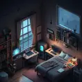 Nostalgic bedroom with a gaming pc, windows, plants bookshelves, desk, 3d art, muted colors, perfect lighting, night time, Highly Detailed, Behance, Isometric, 3D Rendering, Concept Art by WLOP