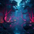 A magical pond in a fantasy forest with glowing pink trees at night, 4k, HQ, Intricate, Artstation, Cinematic Lighting, Photo Realistic, Sharp Focus, Unreal Engine, Dark