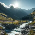 Lake in mountains streams and rivers flow down slopes of mountains and rocks into the valley spring in mountains, 8k, Award-Winning, Highly Detailed, Beautiful, Octane Render, Unreal Engine, Radiant, Volumetric Lighting by Greg Rutkowski