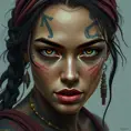 Colorful portrait of a tattooed Aloy with a grey scale face, 4k, Highly Detailed, Hyper Detailed, Powerful, Artstation, Vintage Illustration, Digital Painting, Sharp Focus, Smooth, Concept Art by Stanley Artgerm Lau, Alphonse Mucha, Greg Rutkowski