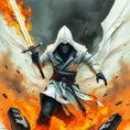 White Assassin emerging from a firey fog of battle, Highly Detailed, Vibrant Colors, Ink Art, Fantasy, Dark by Stanley Artgerm Lau