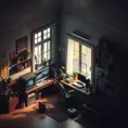 isometric render, messy nostalgic bedroom with a gaming pc, windows, plants bookshelves, desk, 8k, Behance, Dynamic Lighting, Concept Art, 3D art, Muted