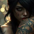 Close up of Morgana with tattoos, 8k, Highly Detailed, Artstation, Bokeh effect, Sharp Focus, Volumetric Lighting, Concept Art by Stanley Artgerm Lau, Greg Rutkowski