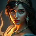 Alluring matte portrait of Princess Jasmine, 4k, 4k resolution, 8k, HD, High Definition, High Resolution, Highly Detailed, HQ, Hyper Detailed, Intricate Artwork, Ultra Detailed, Digital Painting, Matte Painting, Realistic, Sharp Focus, Dim light, Fantasy by Stanley Artgerm Lau