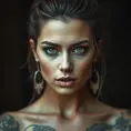 Matte portrait of Morgana with tattoos, Highly Detailed, Alluring, Bokeh effect, Photo Realistic, Sharp Focus, Volumetric Lighting